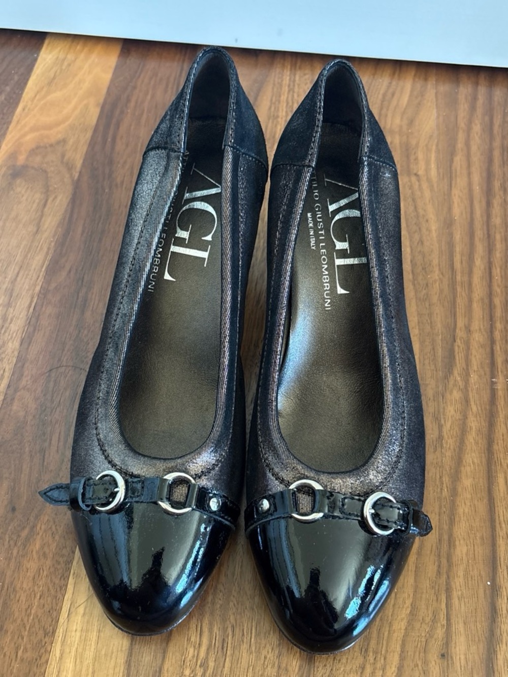 AGL Black Shimmer Leather Ballet Heels